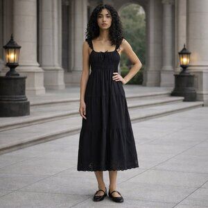 NEW BP Smocked Cotton Sundress Eyelet Strap Tiered Midi Black M